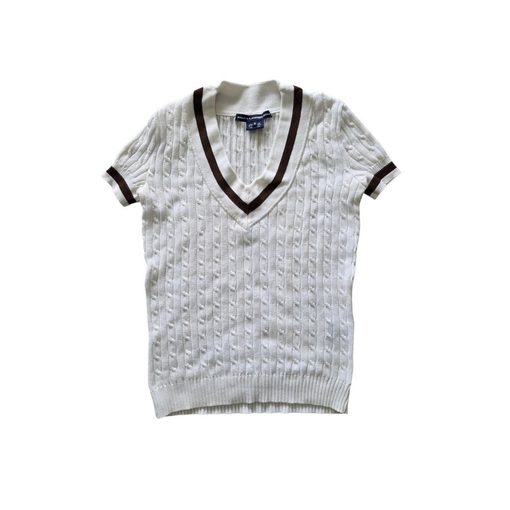 Ralph Lauren Golf Cable Knit V-Neck Tee Womens S White Brn Cotton Preppy Tennis